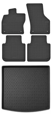 Image de Tapis en caoutchouc + bac de coffre pour Volkswagen Tiguan Allspace 2017-2024 (SUV, plancher réglable, plancher haut) – 5 pièces, noirs, sur mesure
