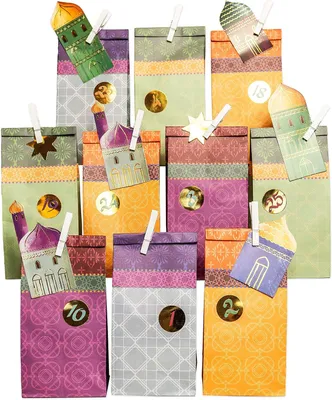 Productafbeelding van Papierdrachen Ramadan-kalender - Doe-het-zelf - Om te vullen - Voor kinderen en volwassenen - Bedrukte zakjes van kraftpapier in lila