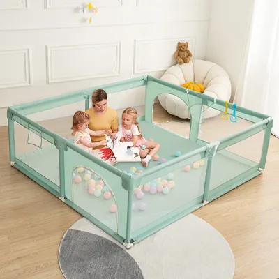 Produktbild von Baby Laufgitter Laufstall Absperrgitter 160 x 200cm mit Aufbewahrungstasche Aktivitätszentrum Rutschfester Basis, atmungsaktivem Netz Sicherheitsspielplatz, grün