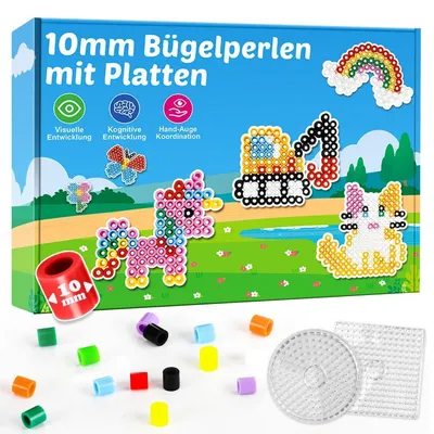 Produktbild von Bügelperlen Set Groß 10mm, 1100 Stück mit 2 Bügelplatten & Vorlagen, Bastelset für Kinder ab 3 Jahren