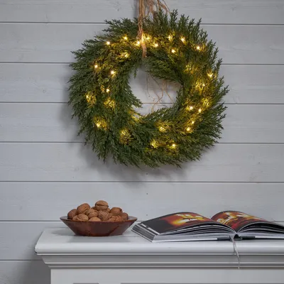 Produktbild von LED Tannenkranz THUJA - 30 warmweiße LED - D: 45cm - Timer - Batterie - für Außen - grün