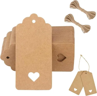 Produktbild von Braune Geschenkanhänger mit Herz, Blanko-Papieranhänger, Geschenkanhänger für Valentinstag, Geschenk-Etiketten für Hochzeitsgeschenke, Bastelpapieranhänger für Geschenke (9 x 4 cm), 100 Stück