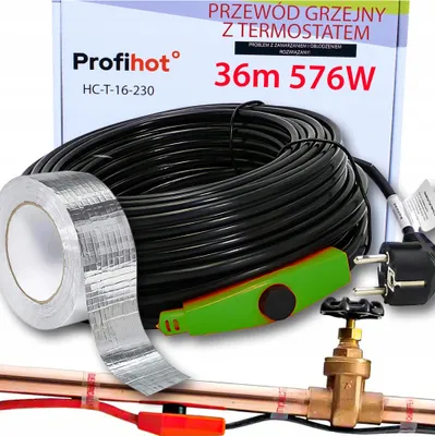 Productafbeelding van Verwarmingskabel met thermostaat, buisverwarmingskabel, vorstbescherming, 36 meter, 576W, 230V, verwarmingskabel