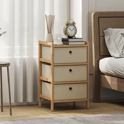 Image de Commode avec 3 tiroirs en tissu et un cadre en bambou, dimensions : 33 x 29 x 55 cm, couleur crème