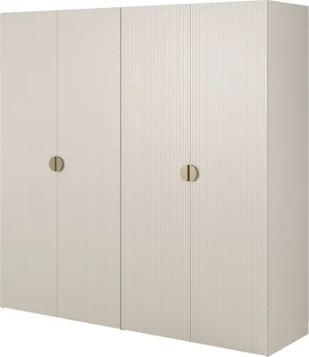 A four-door wardrobe with ribbed doors and round gold handles, presented against a white background.