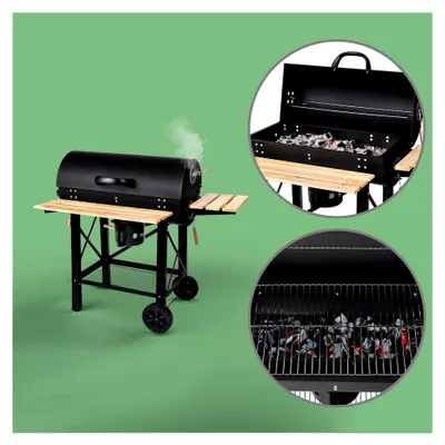 Produktbild von Holzkohlegrill mit XL-Grillrost, Grillwagen mit 2 Holzeinlegeböden, Deckel, Rädern und kühlem Griff, Kohlegrill für Garten, Terrasse, Camping