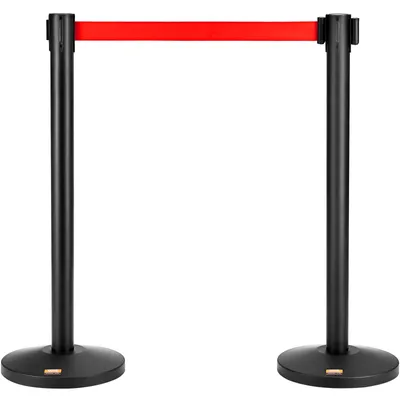 Produktbild von VEVOR Personenleitsystem-Absperrband Schwarzer Absperrständer 2-teilig, 3,3 m x 48 mm Einziehbarer Roter Gürtel, Kohlenstoffstahl Personenleitsystem Absperrpfosten für Flughäfen, Einkaufszentrum