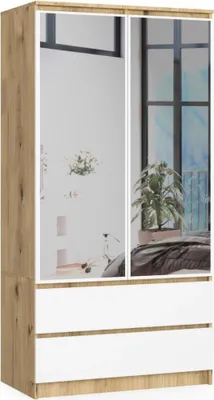 Produktbild von Kleiderschrank mit Schubladen und Spiegeln, 90 cm, LOTA – Artisan Eiche / weiß