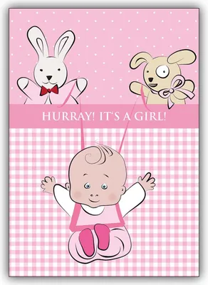 Produktbild von 4x Tolle Babykarte zur Geburt mit Stofftieren: Hurray! It's a girl
