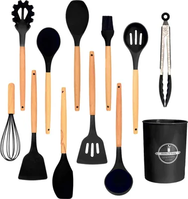 Produktbild von Intirilife 12-teiliges Küchenutensilien Set Küchenhelfer aus Silikon in Schwarz - 12.5 x 32.5 cm - Antihaft Hitzebeständiges Kochbesteck mit Zange Schneebesen Pfannenwender Pinsel Schöpfkelle