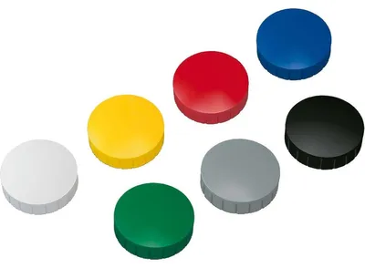 Immagine prodotto di MAUL Magnete rotondo 10 pezzi 2,5 kg Plastica Ferrite resistente alla rottura Erodito Verniciato Ø 3,8 x 1,55 cm Blu Rosso Giallo Grigio Verde Nero Bianco
