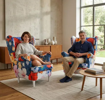 Produktbild von 2er-Set Ohrensessel ARI M – Mohnblumen, Webstoff in Blau, Family Meble, KI-generiertes Bild
