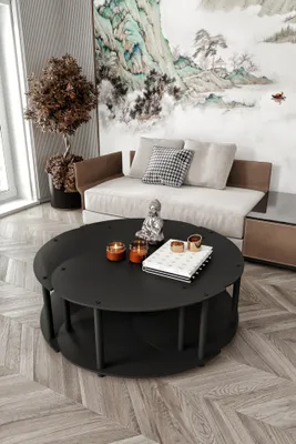 Produktbild von Skye Decor, Hochwertiges Kaffeetisch-Set (4 Teile), Schwarz, Durchmesser: 70 cm, Höhe: 38 cm | 100% MDF, Komprimierte Kraftbeine | Modernes, elegantes Design für Ihr Zuhause.