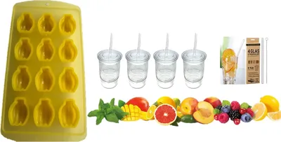 Produktbild von Eiswürfelform Silikon Einfache Eisfreigabe Eiswürfelform Eiswürfelbehälter für Cocktails Whisky Saft Wasser und andere Getränke+ Gläser Set 4 Stück + Glashalme