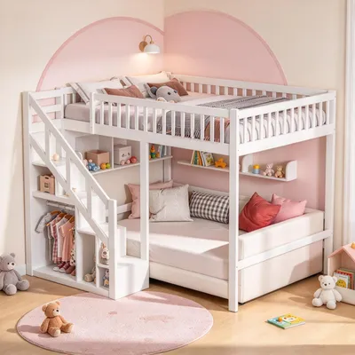 Produktbild von INONEFT Etagenbett 140x200cm mit Rausfallschutz, Kinderbett Jugendbett mit Lattenrost, Hochbett mit Leiter und Regal,Weiß