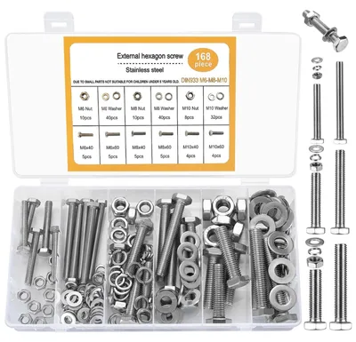 Produktbild von Sechskantschrauben Set Sechskantmuttern Sortiment - 168-teilig - M6, M8, M10 - Edelstahl - Mit Muttern und Unterlegscheiben