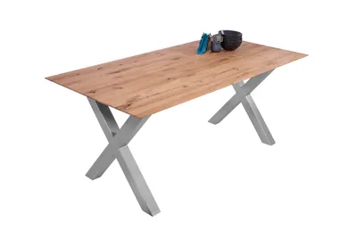 Produktbild von Esszimmertisch Schweizer Kante eckig massiv & geölt Eiche 200x100 silber X-Gestell Lotte
