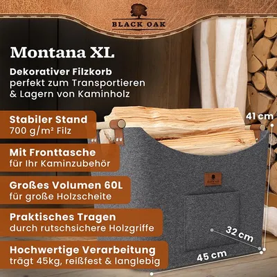 Produktbild von BLACK OAK Montana XL 60L Holzkorb aus Filz grau – Kaminholz und Brennholz Korb mit Griffen und Echtleder Applikationen