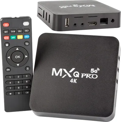 A black TV box and its remote control are displayed against a white background.