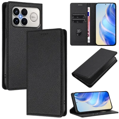 Obrázek produktu pro Kožené pouzdro pro Xiaomi Poco F9 Ultra/Redmi K100 Pro Max, Litschi kůže, peněženkové pouzdro s přihrádkami na karty a stojánkem Černý