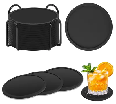 Silikonuntersetzer, 16er Set, schwarz, mit Halter, Ø 10 cm