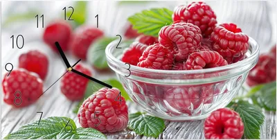 Produktbild von Wanduhr aus Glas mit Motiv Frische Himbeeren- 60 x 30 cm - inkl. Aufhängesystem