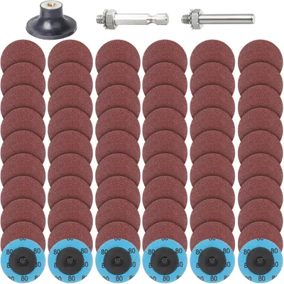 Productafbeelding van SchuurSchijven Set, 63 stuks, 50mm, Roloc snelwissel systeem, korrel 80, met 1/4" houder, geschikt voor haakse slijpmachines, voor metaal, hout en staal