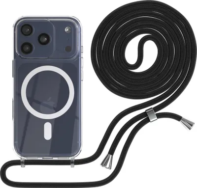 Produktbild von EAZY CASE - Handykette kompatibel mit Apple iPhone 17 Pro, Kette zum Umhängen, Handyhülle stoßfest, Silikonhülle mit Band, Transparente Hülle, Band in Schwarz