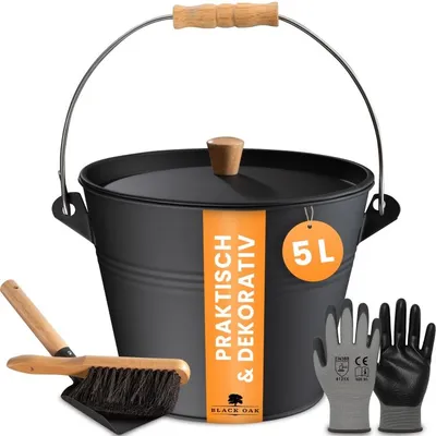 Produktbild von BLACK OAK Ascheeimer PAGO 5L – schwarzer Eimer mit Deckel, Holz-Griff, Feger & Schaufel Set