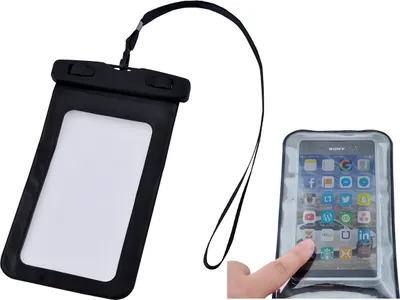 A waterproof phone pouch and a phone inside a waterproof pouch.