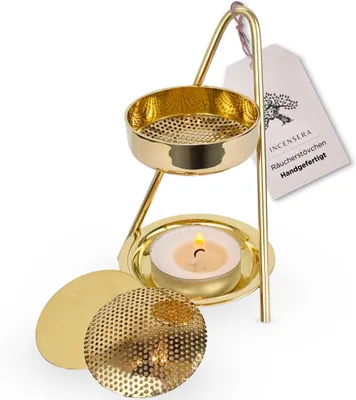 Produktbild von Räucherstövchen mit Sieb - Gold Klein, Kompakt & Vielseitig für Harze und Kräuter | Weihrauchbrenner, Räucherstövchen Sieb, Incense Burner