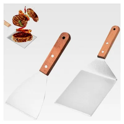 Produktbild von Grillspachtel-Set, 2 Edelstahl-Grillspatel mit Holzgriffen für Burger, Teppanyaki, Grill, Steak, Pizza
