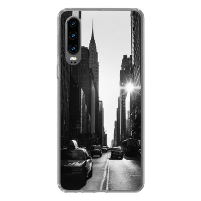 Produktbild von MuchoWow® Handyhülle Schutzhülle Hülle für Huawei P30 Eine ruhige Straße in New York in Schwarz und Weiß Silikon Softcase Handy Hülle - Kartenbesitzer