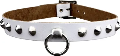 Produktbild von Lederhalsband mit Spitznieten 1-reihig - O-Ring - Choker - Gothic Punk Halsband aus Leder weiß