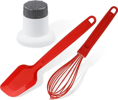 Produktbild von Dr. Oetker Lebkuchen Set, Lebkuchenmühle mit Dreh-Mechanismus, handlicher Rührbesen und Teigschaber aus Silikon, hochwertiges Küchenhelfer Set ideal für Weihnachten, Menge: 1 x 3er Set