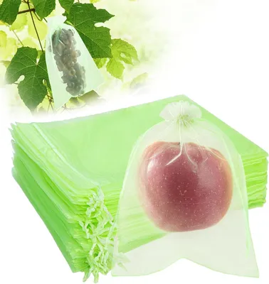 Produktbild von Packung mit 100 grünen Organzabeuteln mit Kordelzug (15 x 20 cm) zum Schutz von Obst und Gemüse im Garten.