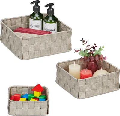 Immagine prodotto di Set di 3 cestini portaoggetti Relaxdays, cestini in 3 misure, intrecciati, plastica, struttura in metallo, cestini da bagno, grigio