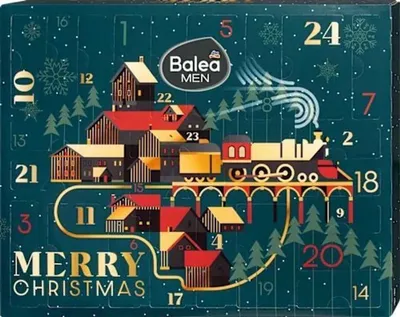 A Christmas advent calendar with a village and train illustration, featuring numbered doors.