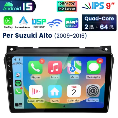 Immagine prodotto di Autoradio da 9” con CarPlay e Android 15 per Suzuki Alto 2009-2016, navigatore GPS, Wi-Fi, Bluetooth, DAB+, SWC, USB, DSP, 2 GB + 64 GB