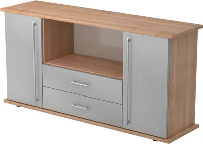 Produktbild von bümö office Sideboard mit 2 Schübe & 2 Türen - Griff: Relinggriff (Kunststoff), Nachbildung: Nussbaum/Silber