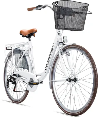 A white Bergsteiger Paris bicycle with a brown seat and handlebars, and a black basket on the front.