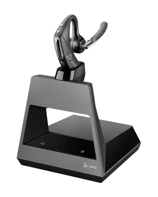 A wireless headset and its charging base are displayed against a white background.