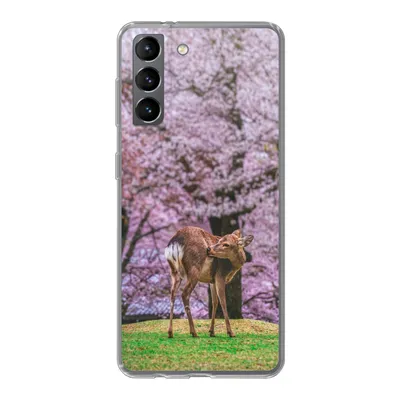 Produktbild von MuchoWow® Handyhülle Schutzhülle Hülle für Samsung Galaxy S21 Hirsch - Rosa - Blüte Silikon Softcase Handy Hülle - Softcase