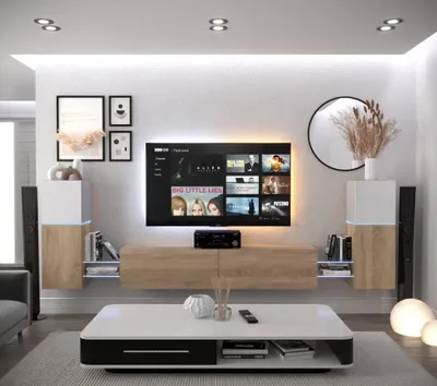 Image de Furnitech Meuble-paroi Salon - Suspendu Meuble-paroi Moderne - Étagères et meuble TV - Meubles de salon sans LED (AN104-21WS-HGM8-1A)