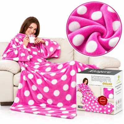 Immagine prodotto di Kanguru Coperta con Maniche e Tasca, Pois Rosa e Bianco, 140 x 210 cm, Pile