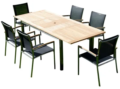 Produktbild von ALEOS. Gartengarnitur Edelstahl Batyline A-Grade Teak Holz Set: Ausziehtisch 160/220 x 90 cm + 6 Sessel Serie KUBA-SCHWARZ Gastroqualität