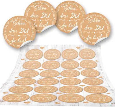 Produktbild von 24 runde SCHÖN DASS DU DA BIST Aufkleber beige weiß natur Herz creme-farben hell-braun selbstklebende Etiketten Hochzeits-Deko Fest Kommunion Geschenkaufkleber24 Aufkleber / 1 Bogen