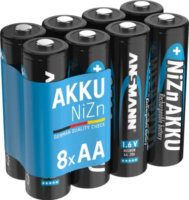 A pack of eight AA rechargeable batteries in a blue plastic holder.