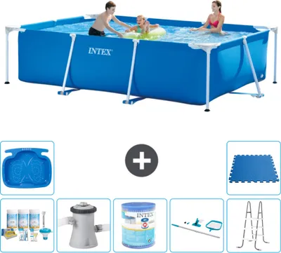 Produktbild von Intex-Schwimmbecken mit rechteckigem Rahmen – 300 x 200 x 75 cm – Blau – im Lieferumfang enthalten Wartungspaket - Filterpumpe für Schwimmbad - Filter - Reinigungskit - Leiter - Fußbad