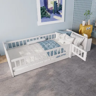 Zdjęcie produktu dla Łóżko dziecięce z drewna sosnowego z miejscem do przechowywania i drzwiczkami, bez materaca, białe, 90x200 cm
